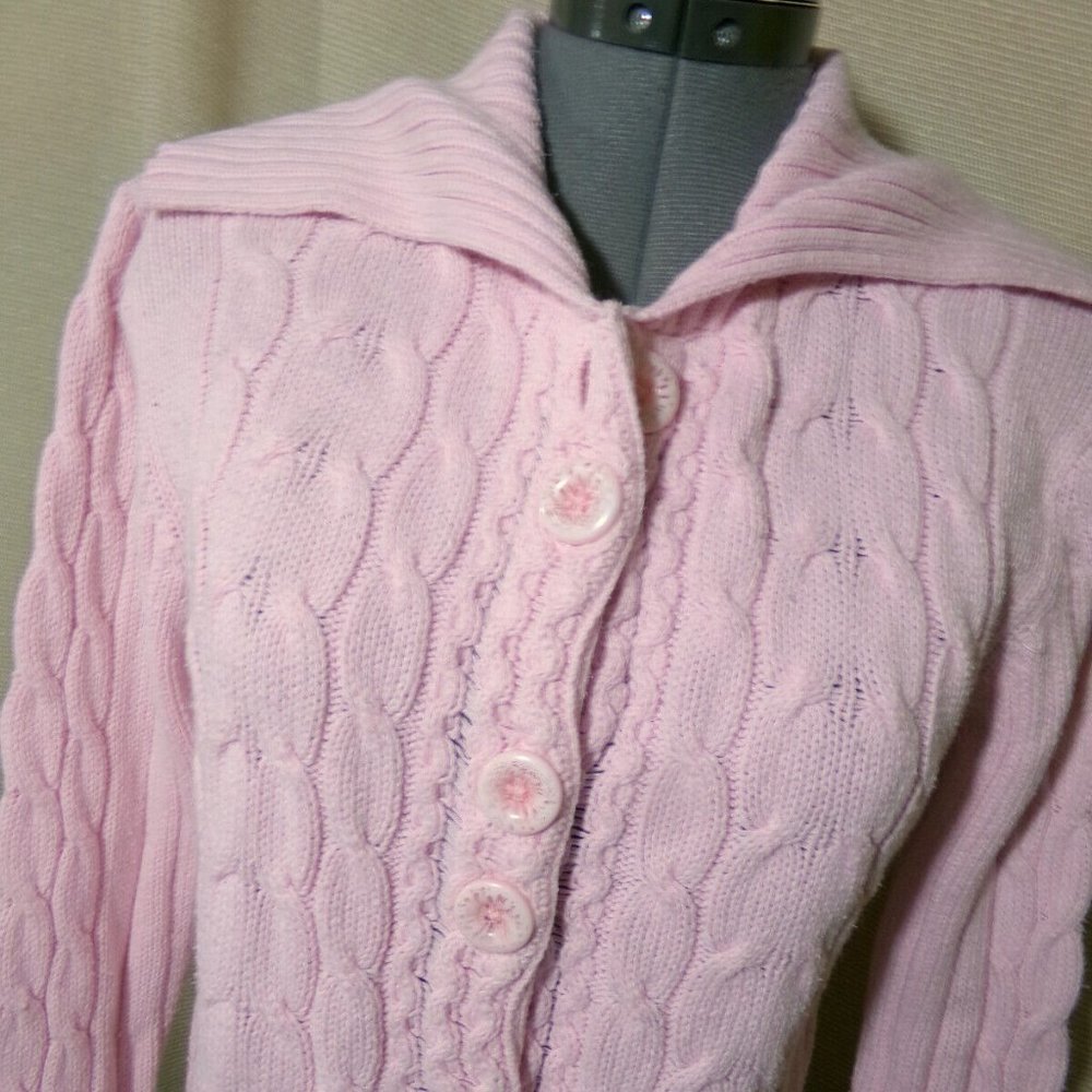 BAILEY'S POINT Cable knit Sweater Cardigan M Pink Button up Collared long sleeve